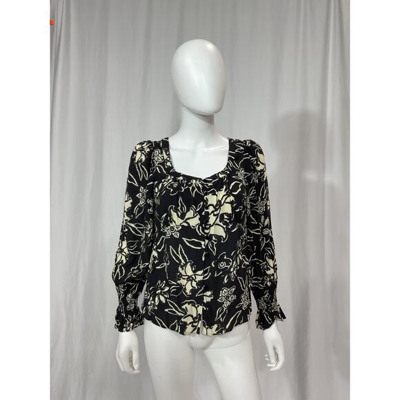 Ba&Sh 'Sessee' Black Floral Print Three Quarter Sleeve U Neck Button Blouse - Picture 2 of 5